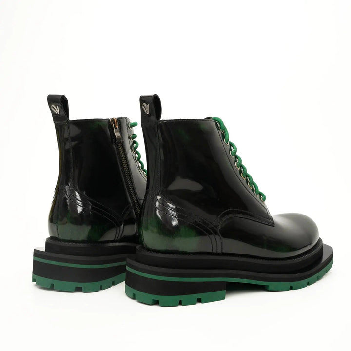 Black-Green Plain-Toe Cow Leather Ankle Boots