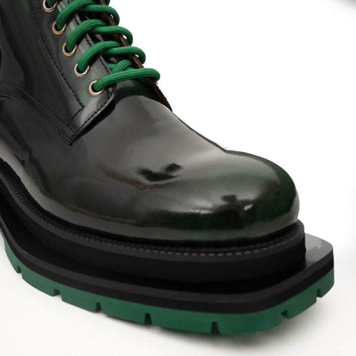 Black-Green Plain-Toe Cow Leather Ankle Boots