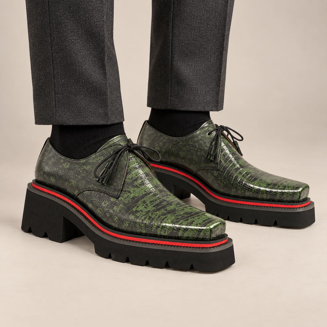 Green Lizard-Embossed Cow Leather Derby Shoes