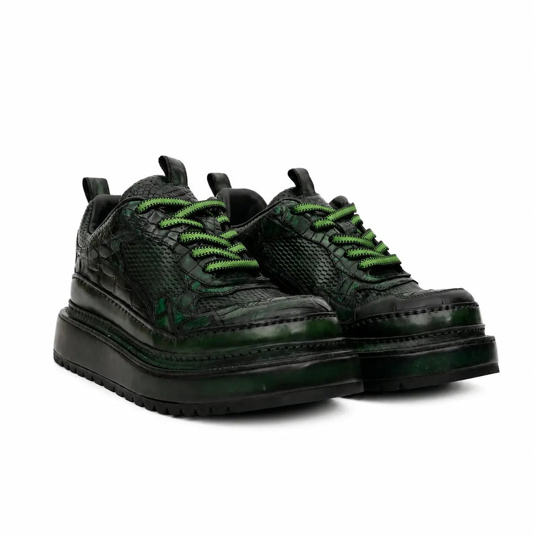 Green-Black Platform Crocodile Leather Sneakers