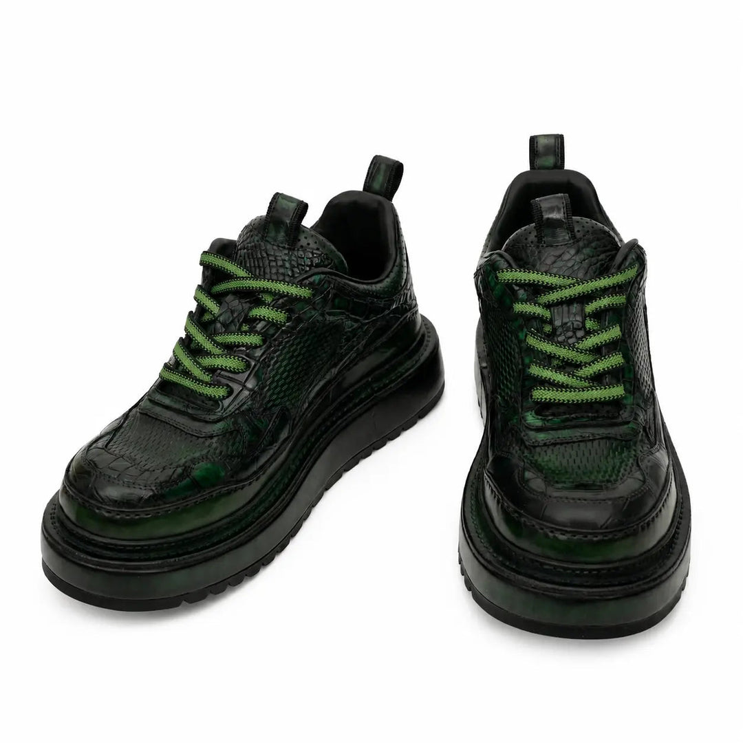 Green-Black Platform Crocodile Leather Sneakers