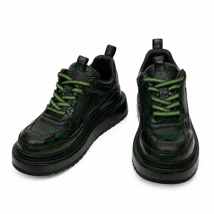 Green-Black Platform Crocodile Leather Sneakers