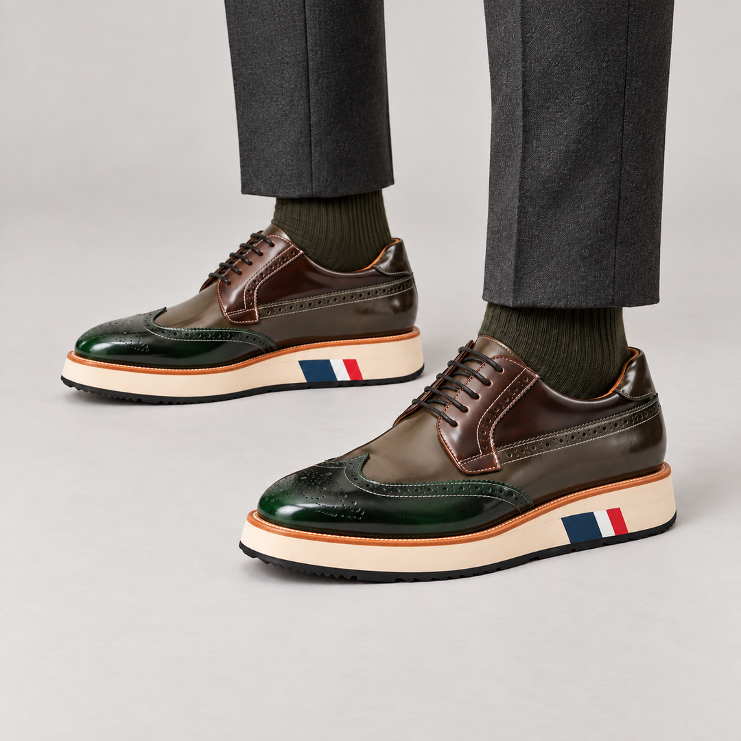 Green Wingtip Cow Leather Derby Shoes