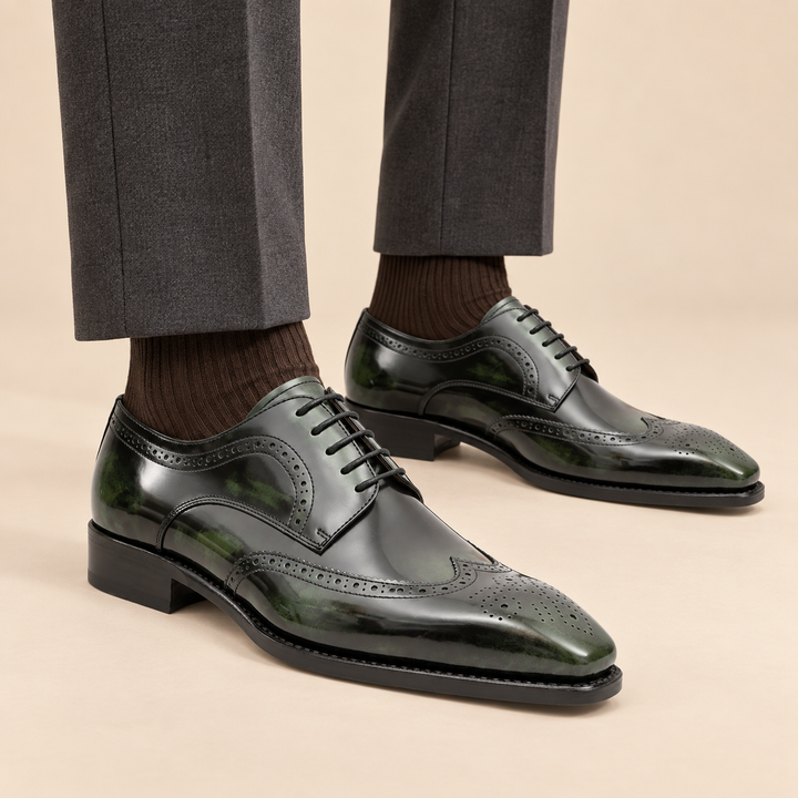 Green Wingtip Cow Leather Derby Shoes