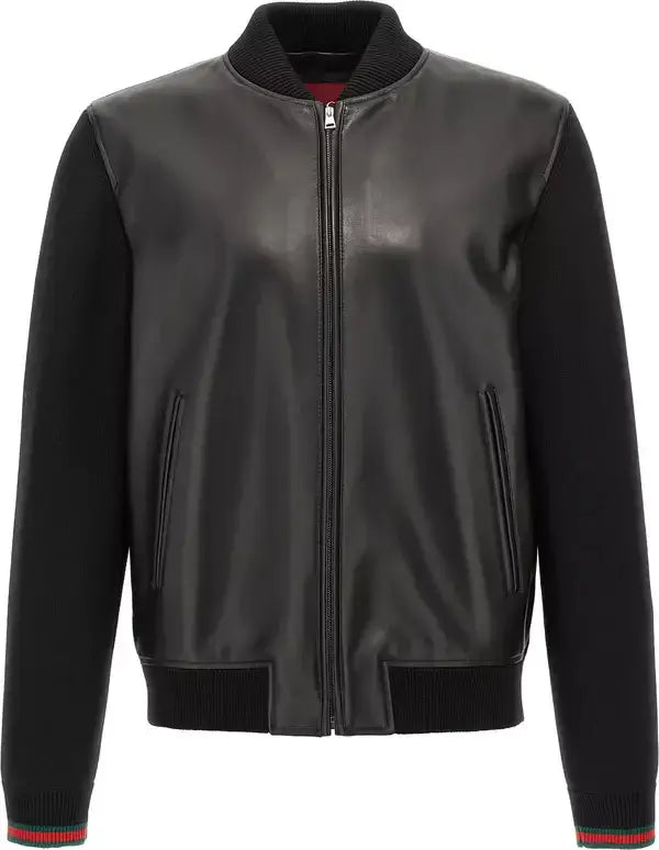 Gucci Black Lamb Leather &amp; Knit Bomber Jacket