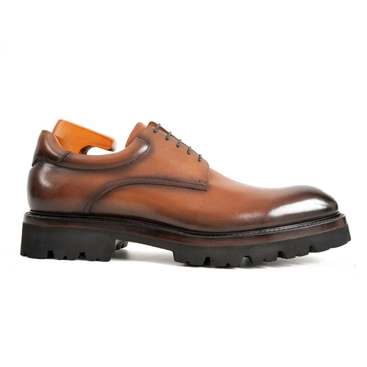 Handmade Goodyear Welted Derby Shoes by DV DIVINCH in brown calfskin leather, featuring a lug sole design.