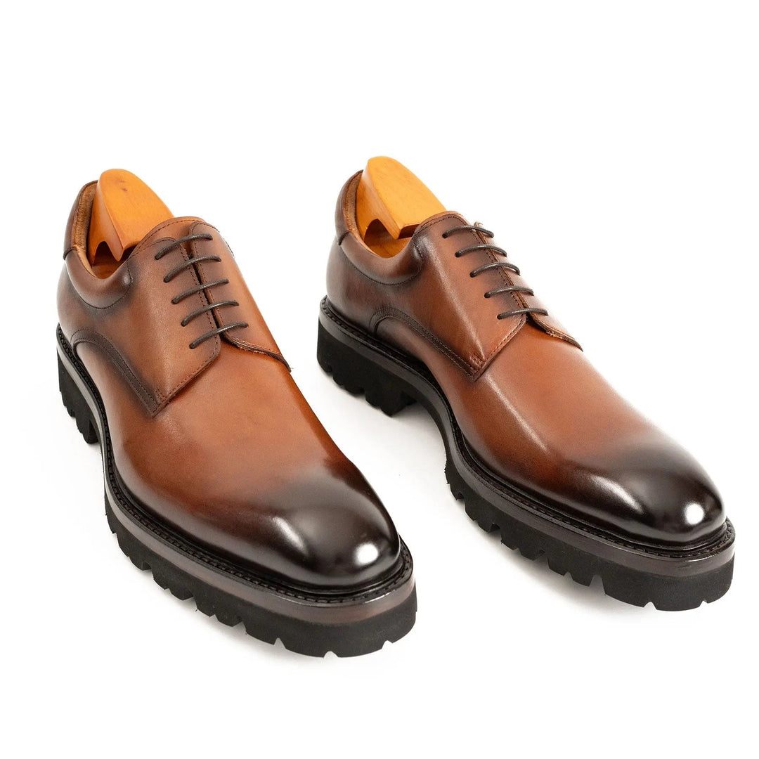 Handmade Goodyear Welted Derby Shoes by DV DIVINCH, brown polished calfskin, featuring a lug sole design.