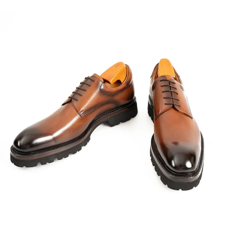 Handmade Goodyear Welted Derby Shoes by DV DIVINCH in rich brown polished calfskin with lug sole design.