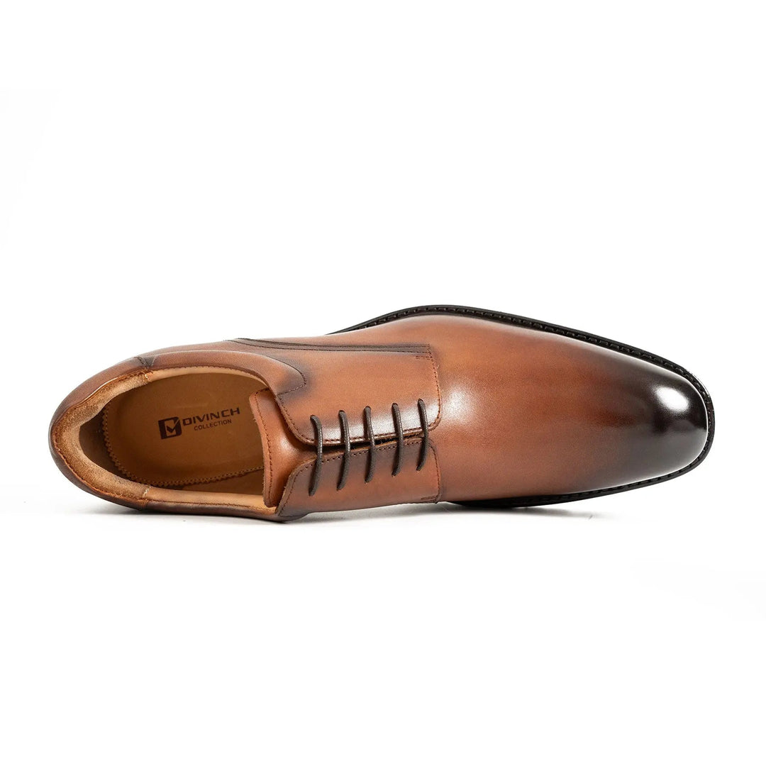 Handmade Goodyear Welted Derby Shoes by DV DIVINCH, rich brown calfskin leather, front view, classic lace-up design.