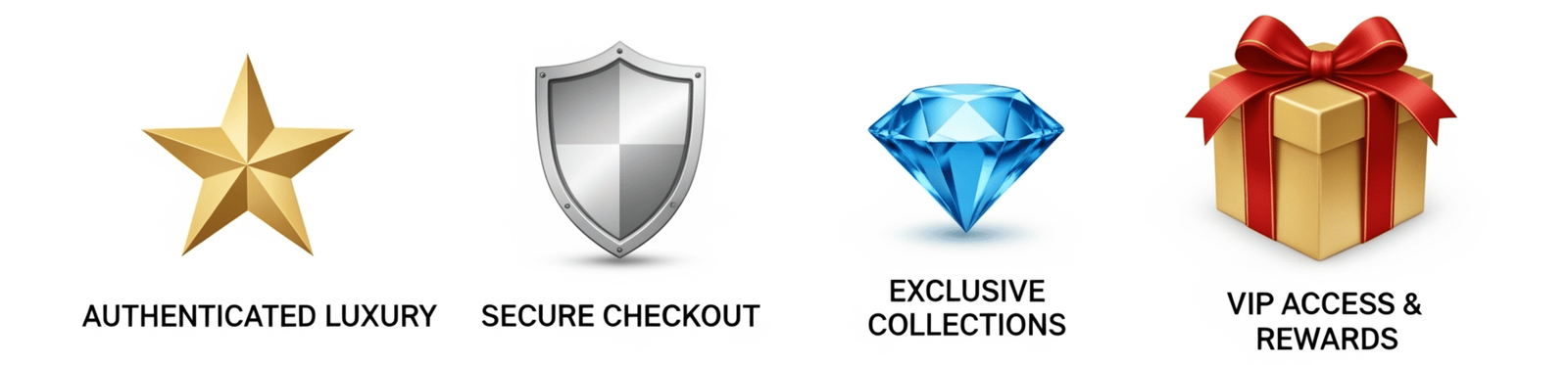Four icons representing 'Authenticated Luxury', 'Secure Checkout', 'Exclusive Collections', and 'VIP Access & Rewards'.