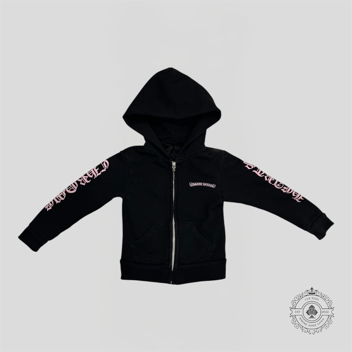 Chrome Hearts Scroll Logo Zip Up Kids Hoodie in Black/Pink