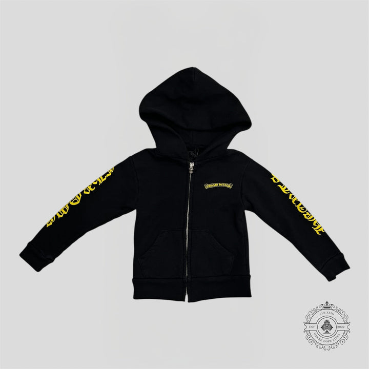 Chrome Hearts Scroll Logo Zip Up Kids Hoodie in Black/Yellow