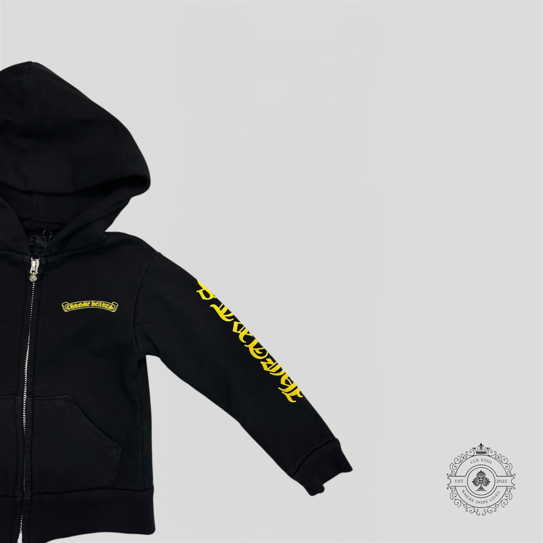 Chrome Hearts Scroll Logo Zip Up Kids Hoodie in Black/Yellow