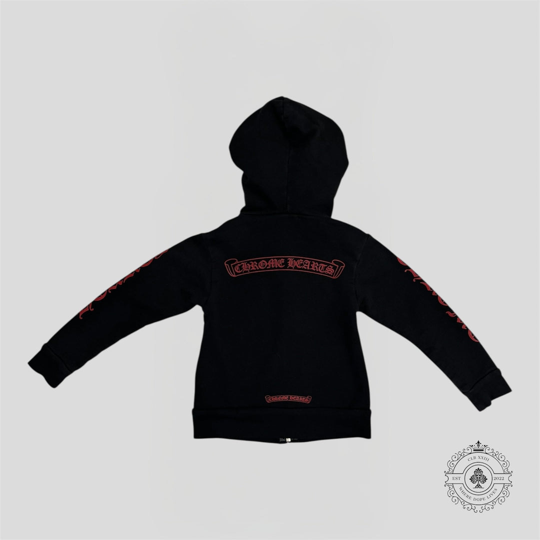 Chrome Hearts Scroll Logo Zip Up Kids Hoodie in Black/Red