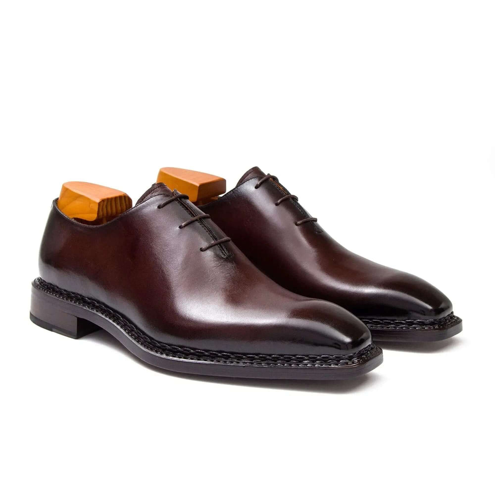 Goodyear Handmade Oxford Shoes for Men, handcrafted leather shoes, dark brown calfskin, detailed stitching, elegant design.