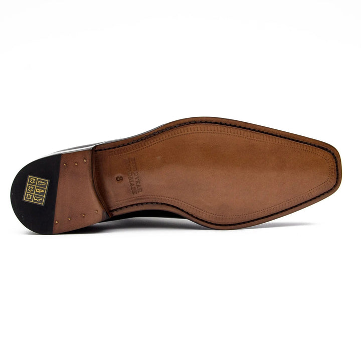 Sole view of Goodyear Brown leather loafer with horsebit, handcrafted calfskin, featuring smooth brown leather finish.