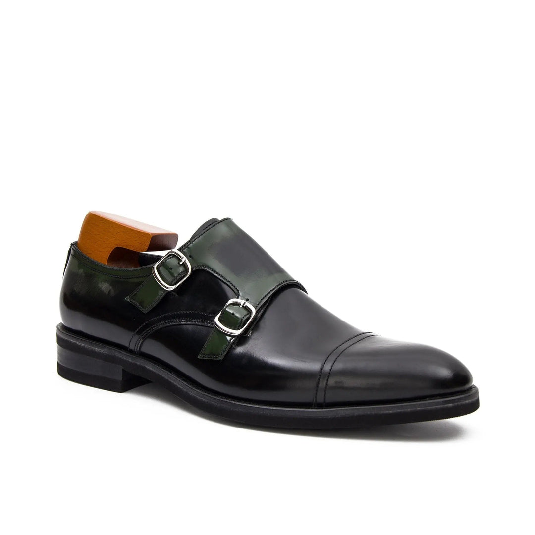 Goodyear Premium Double Monk Strap Shoes Green in black leather with green accents and double buckle detail.