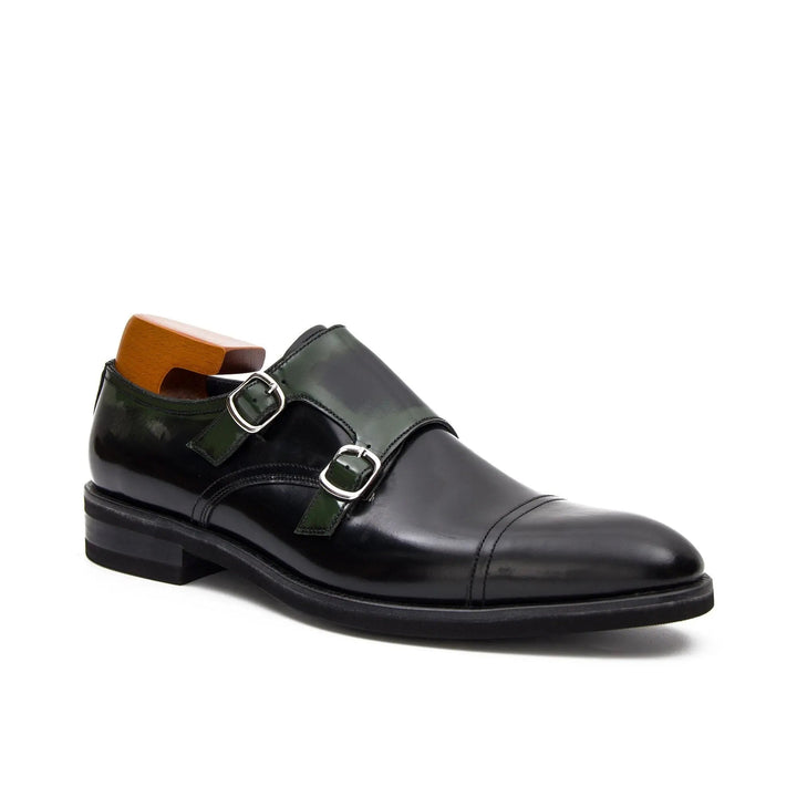 Goodyear Premium Double Monk Strap Shoes Green in black leather with green accents and double buckle detail.