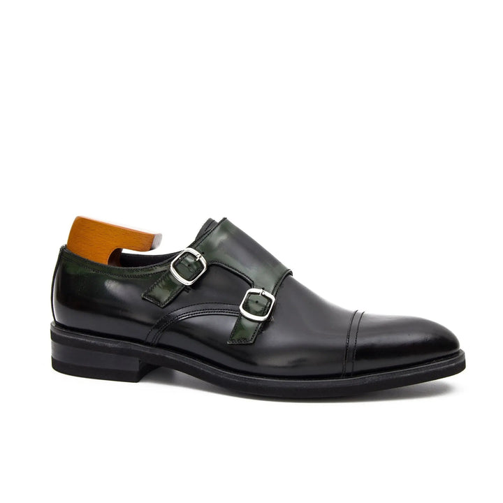 Goodyear Premium Double Monk Strap Shoes Green, handcrafted leather shoes with double buckle design and sleek profile.