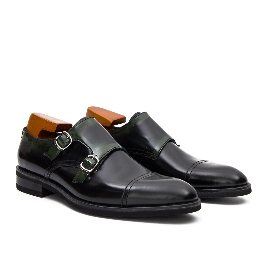 Goodyear Premium Double Monk Strap Shoes Green in handcrafted leather, featuring double buckles and sleek design.