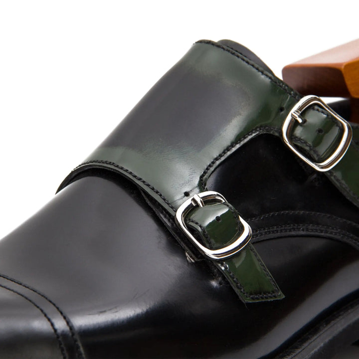 Goodyear Premium Double Monk Strap Shoes Green close-up of black leather upper with green double straps and silver buckles.