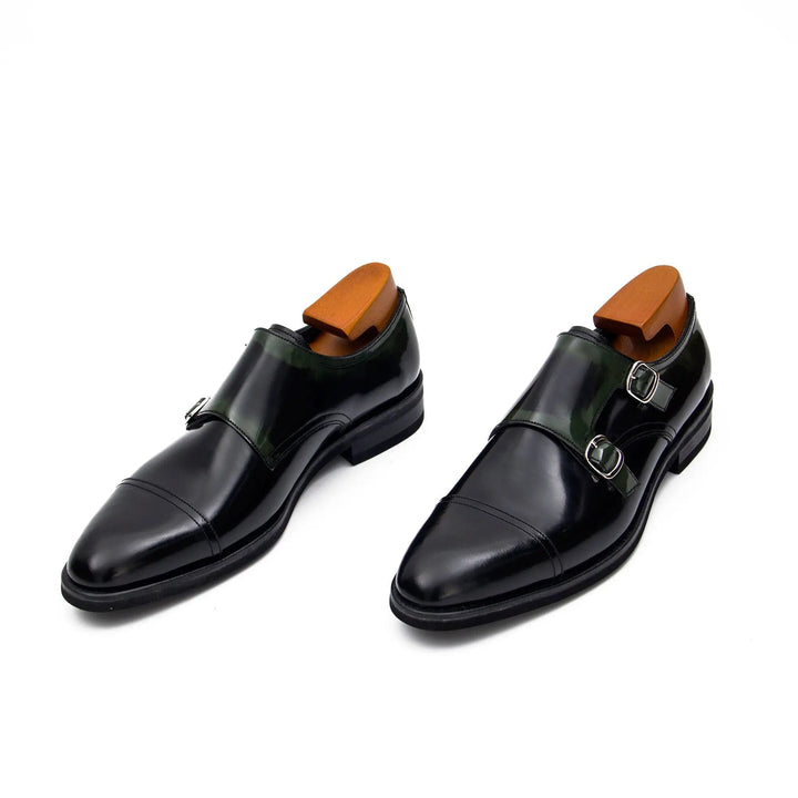 Goodyear Premium Double Monk Strap Shoes Green, handcrafted leather, men’s designer shoes, black color, double buckles, side view.
