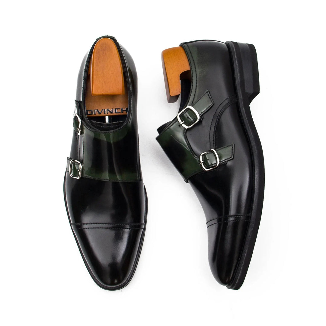 Goodyear Premium Double Monk Strap Shoes Green by DV DIVINCH, handcrafted calfskin leather, double buckle design, men&
