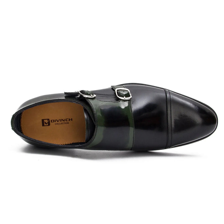 Goodyear Premium Double Monk Strap Shoes Green top view, handcrafted leather, DV DIVINCH, men’s designer shoes, stylish double buckle.