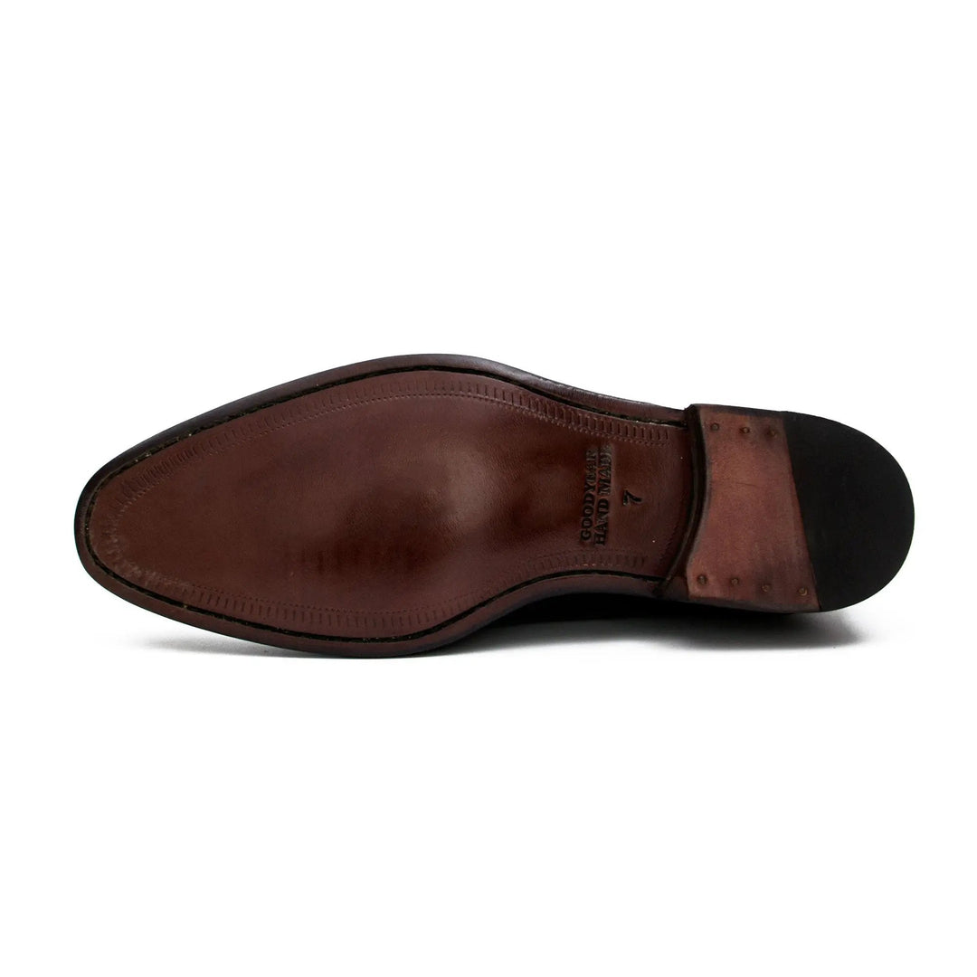 Goodyear Premium Double Monk Strap Shoes Green sole view with brown leather, featuring Goodyear welted craftsmanship by DV DIVINCH.