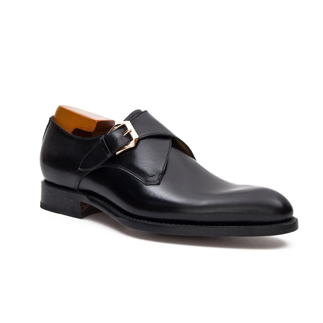 Goodyear Welted Calfskin Monk Strap Shoes in black, handcrafted leather, featuring buckle detail, from DV DIVINCH.