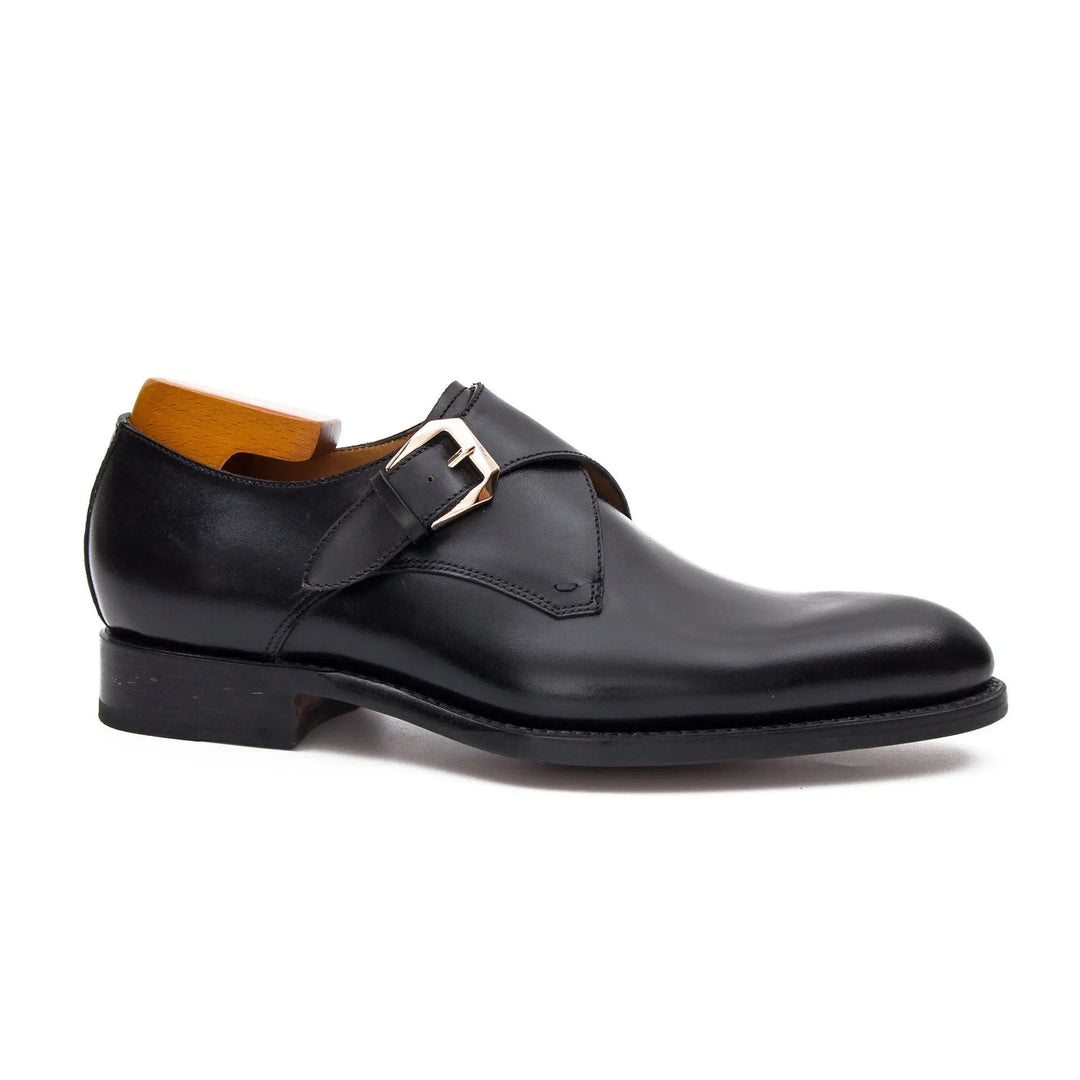 Goodyear Welted Calfskin Monk Strap Shoes by DV DIVINCH, black calfskin leather, side view, handcrafted, men&
