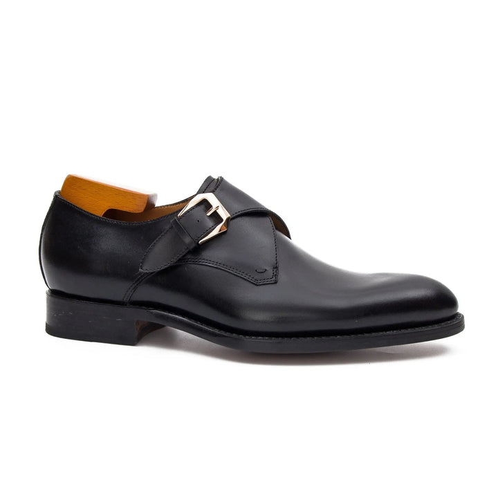 Goodyear Welted Calfskin Monk Strap Shoes by DV DIVINCH, black calfskin leather, side view, handcrafted, men&