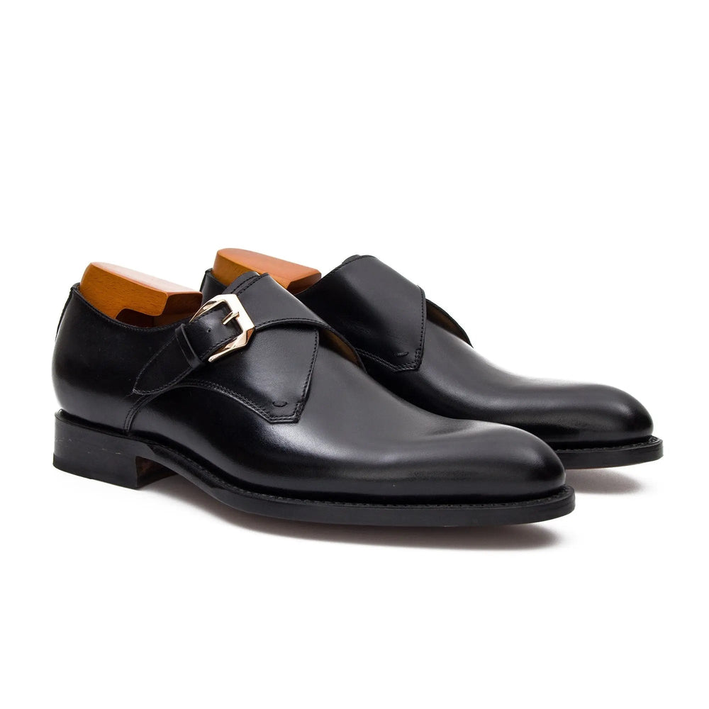 Goodyear Welted Calfskin Monk Strap Shoes by DV DIVINCH, handcrafted black calfskin leather, side view, elegant design.