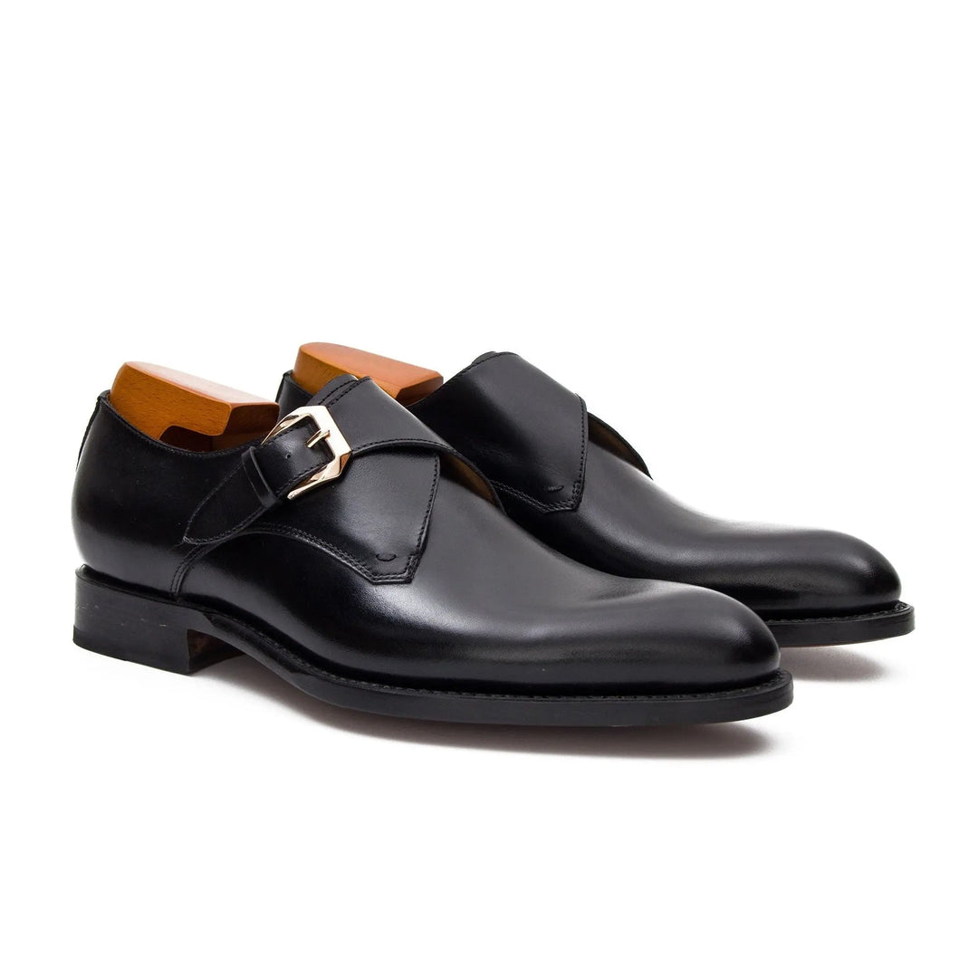 Goodyear Welted Calfskin Monk Strap Shoes by DV DIVINCH, handcrafted black calfskin leather, side view, elegant design.