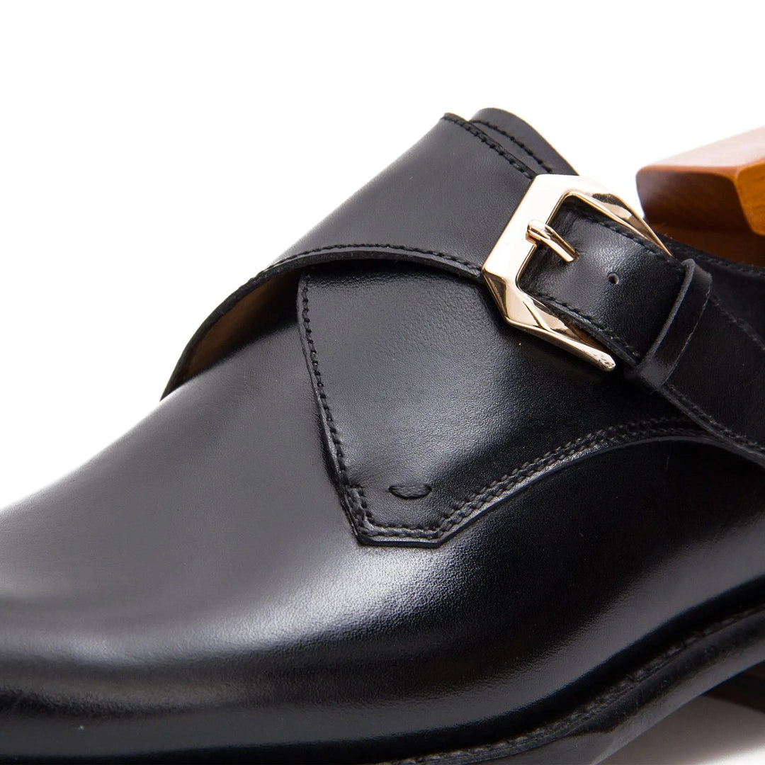 Goodyear Welted Calfskin Monk Strap Shoes by DV DIVINCH, black, handcrafted leather, detailed buckle and seam.