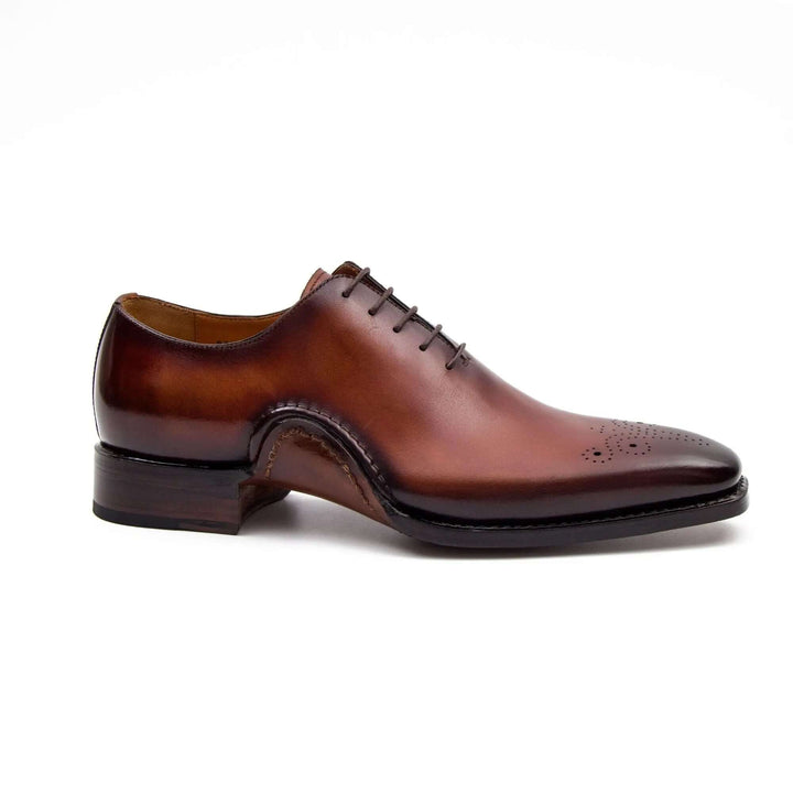 Goodyear Handmade Patina Oxford Shoes-Brown, handcrafted calfskin, brown leather dress shoes, side view, elegant brogue detail.