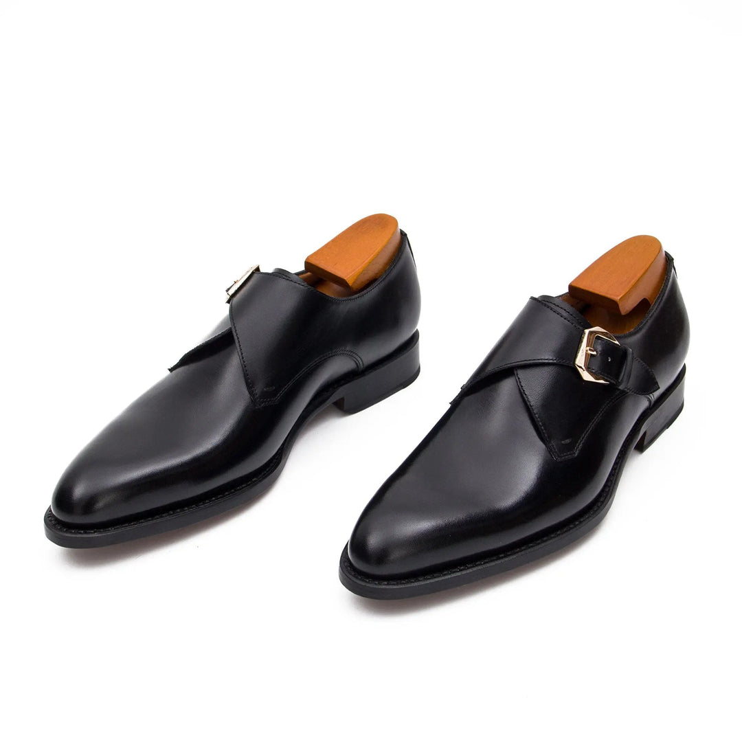 Goodyear Welted Calfskin Monk Strap Shoes by DV DIVINCH, black handcrafted leather, side view with buckle detail.