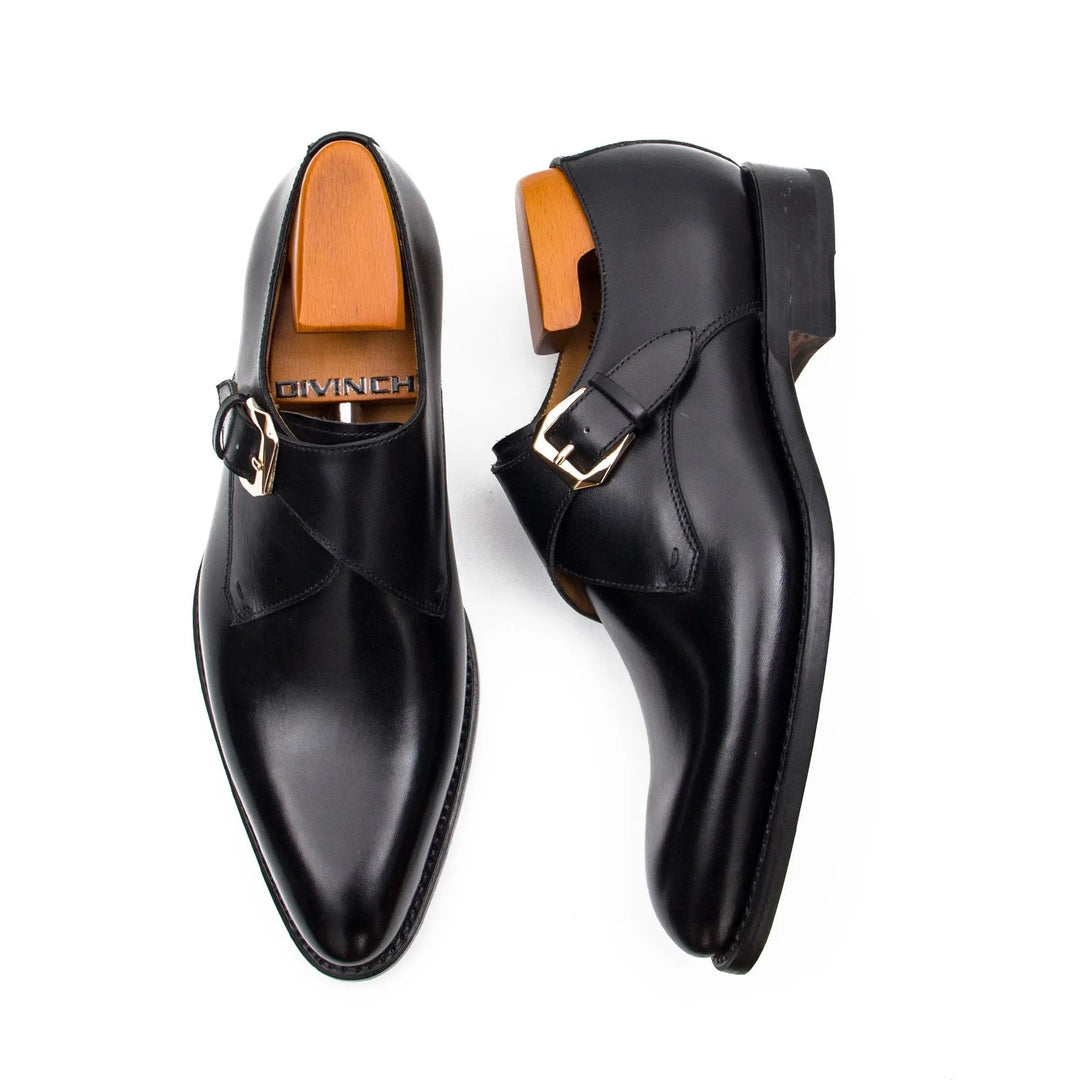 Goodyear Welted Calfskin Monk Strap Shoes by DV DIVINCH, black calfskin leather, elegant design, handcrafted men’s footwear.