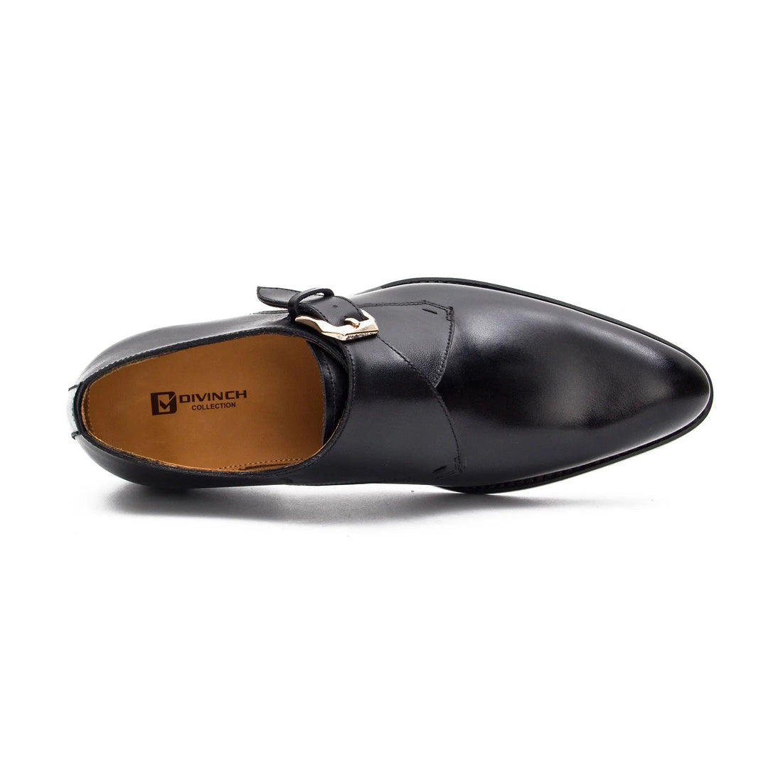 Top view of DV DIVINCH Goodyear Welted Calfskin Monk Strap Shoes, handcrafted leather, black upper and buckle detail.