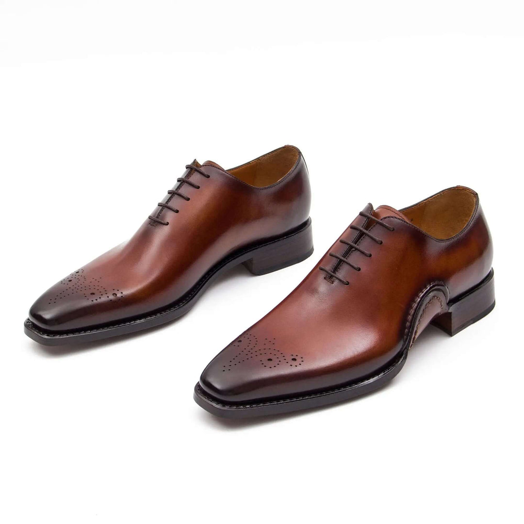 Goodyear Handmade Patina Oxford Shoes-Brown, handcrafted calfskin footwear, elegant brogue design, side view.