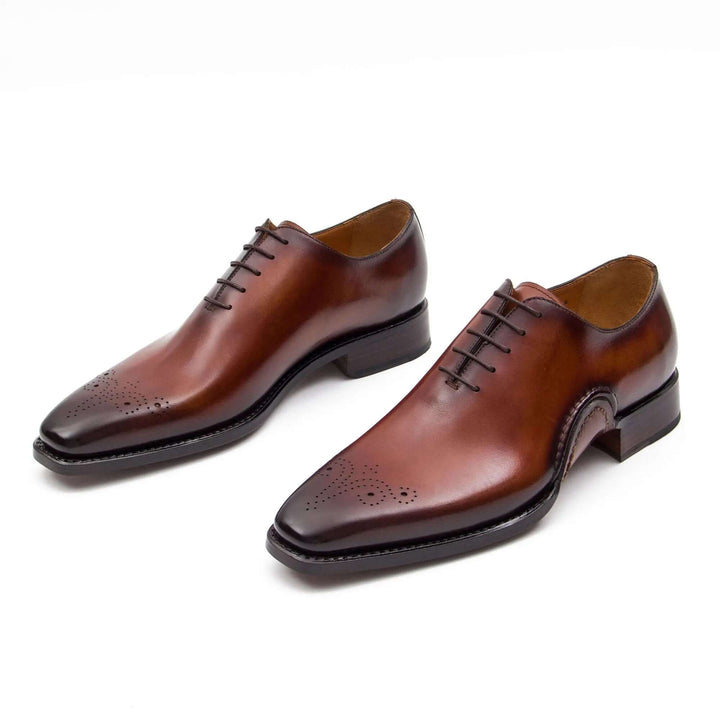 Goodyear Handmade Patina Oxford Shoes-Brown, handcrafted calfskin footwear, elegant brogue design, side view.