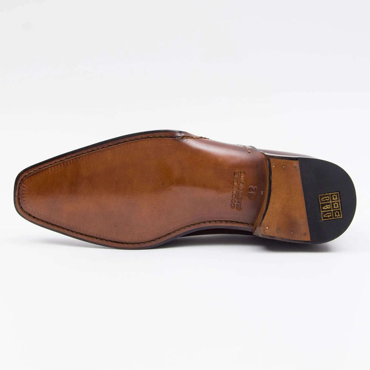 Goodyear Handmade Patina Oxford Shoes-Brown sole view showing quality calfskin leather and meticulous construction details.