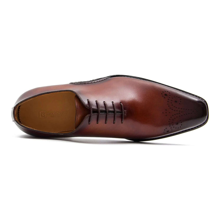 Goodyear Handmade Patina Oxford Shoes-Brown, DV DIVINCH, handcrafted leather shoes, unique brogue design, brown calfskin, top view.