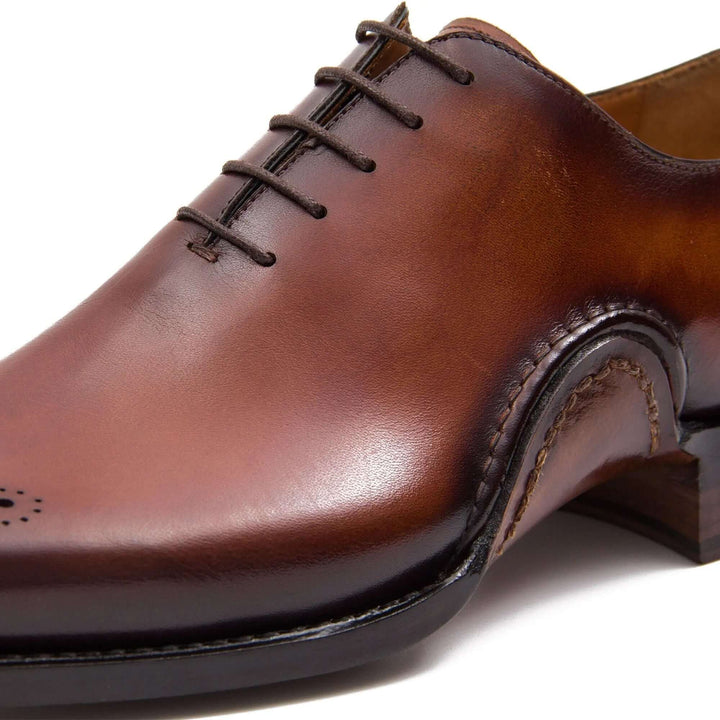 Close-up detail of Goodyear Handmade Patina Oxford Shoes-Brown, handcrafted leather, fine stitching on premium calfskin.