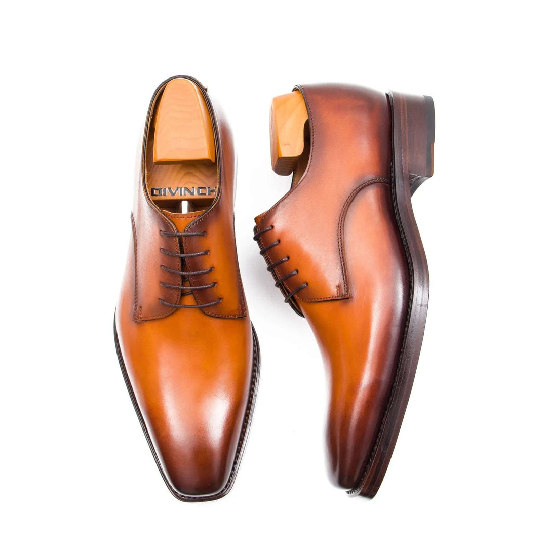 Goodyear Handmade Leather Derby Shoes in rich brown calfskin, showcasing front and side views, crafted by DV DIVINCH.