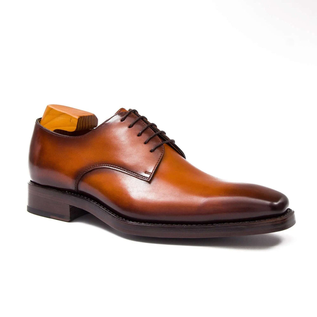 Goodyear Handmade Leather Derby Shoes in brown calfskin, side view showcasing sleek design and lace-up detail.