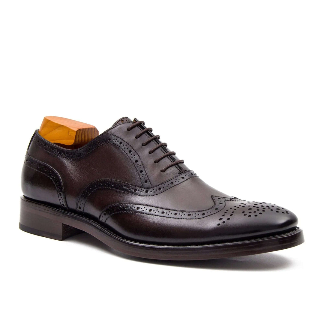 Goodyear Mens leather oxford shoes in dark brown calfskin, featuring brogue detailing and a sleek design.