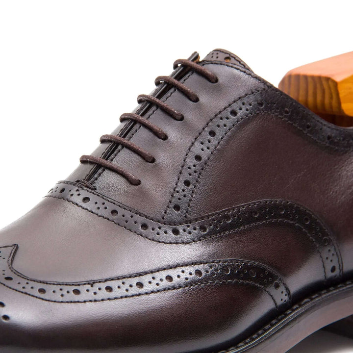 Goodyear Mens leather oxford shoes, brown handcrafted calfskin, detailed brogue design, side view.