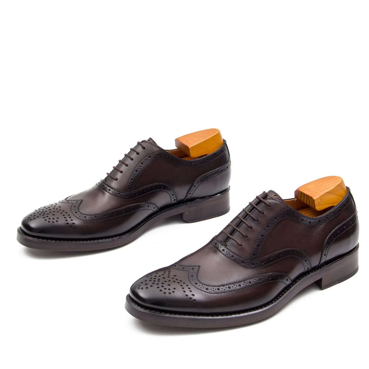Goodyear Mens leather oxford shoes in rich brown calfskin, featuring brogue detailing and leather sole, side view.