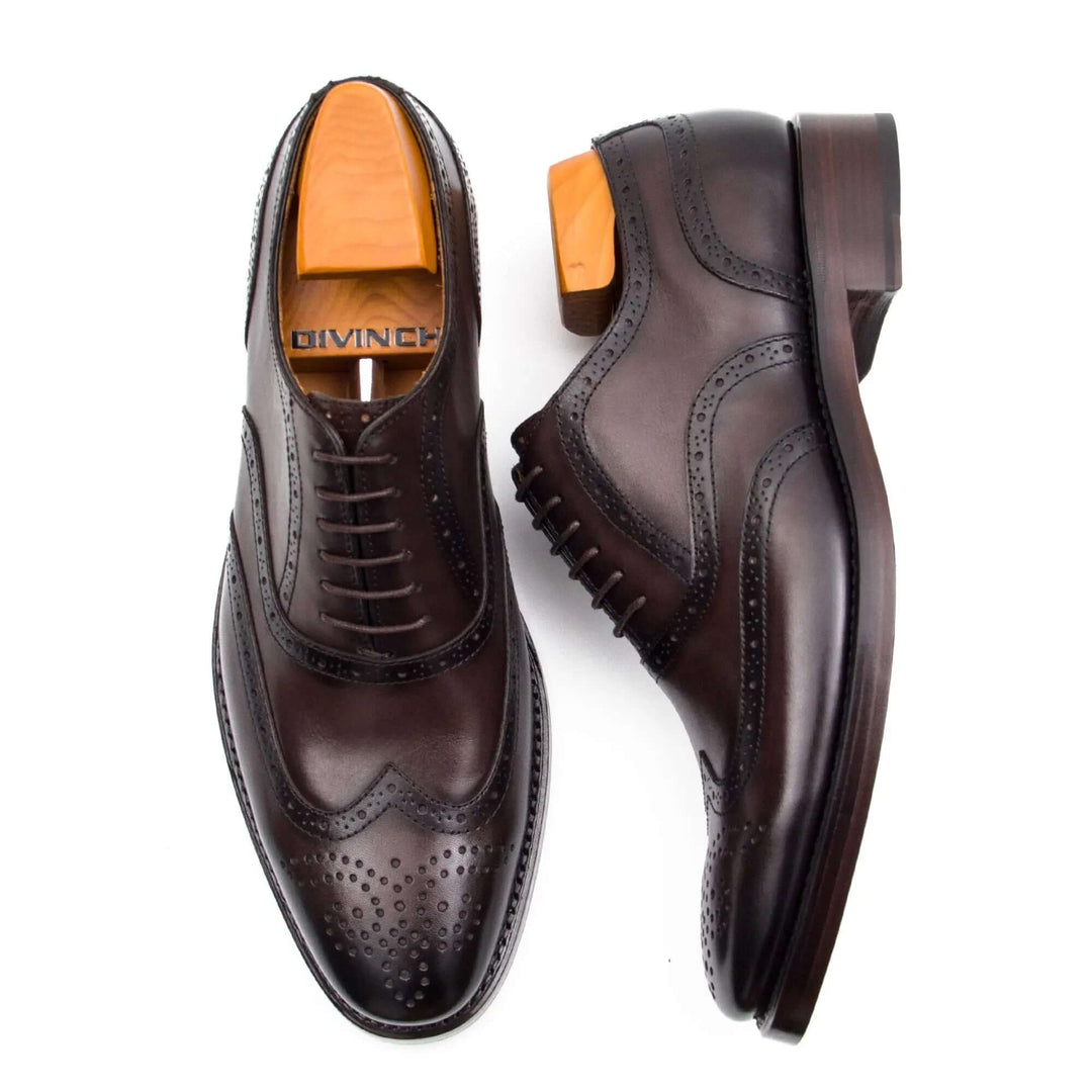 Goodyear Mens leather oxford shoes, handcrafted calfskin footwear in brown, featuring brogue detailing and elegant design.